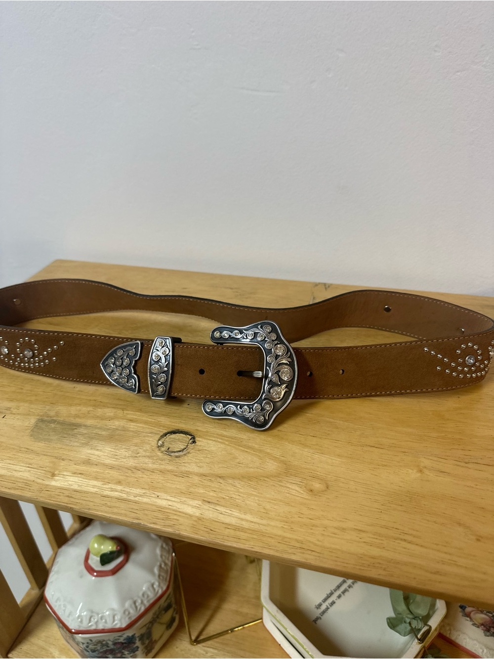 Western-Style Brown Leather Belt with Decorative Silver Buckle